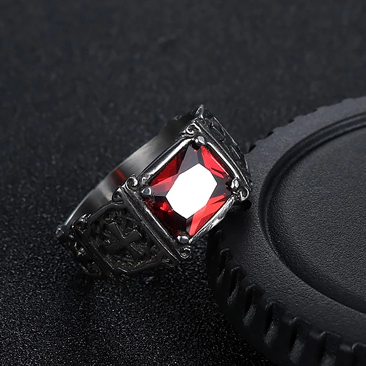 Red Rectangular Zircon Cross Gothic Ring high quality